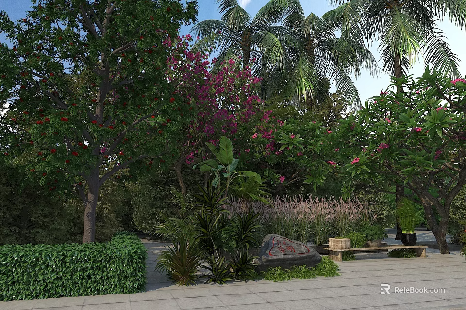 Tropical Garden Landscape With Lush Trees Flowering Plants Shrubs Stone And Wooden Bench 3d model 