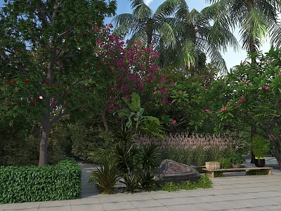 Tropical Garden Landscape With Lush Trees Flowering Plants Shrubs Stone And Wooden Bench 3d model