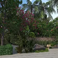 Tropical Garden Landscape With Lush Trees Flowering Plants Shrubs Stone And Wooden Bench