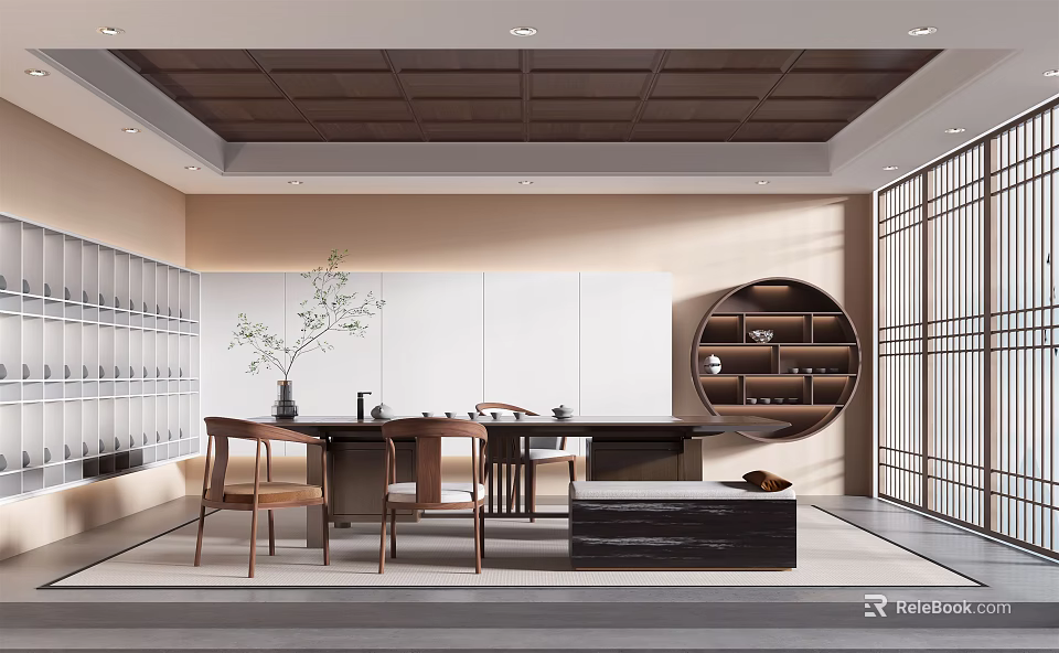 Traditional Tea Room Interior Design With Wooden Table Chairs Circular Shelf And Plant Decor 3d model 