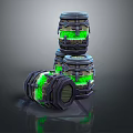 Futuristic Sci Fi Barrels With Green Glowing Elements And Stacked Design 3d model