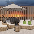 Woven Rattan Outdoor Sofa With Green White Cushions Umbrella And Sunset View Wooden Screen