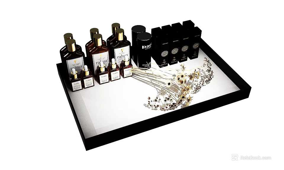Elegant Perfume Cosmetics Display In Black Tray With Multiple Bottles And Decorative Flowers 3d model 
