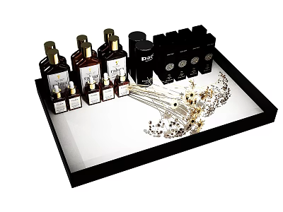 Elegant Perfume Cosmetics Display In Black Tray With Multiple Bottles And Decorative Flowers 3d model