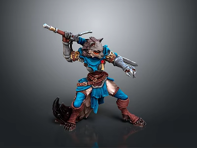 Wolf Headed Fantasy Game Character Warrior in Blue Outfit With Spear and Battle Stance 3d model