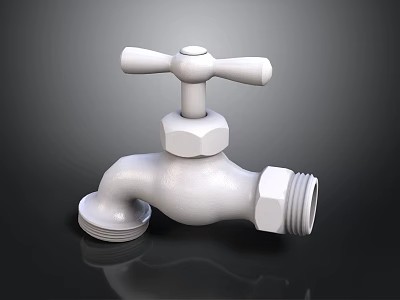 White 3D Rendered Faucet With Cross Handle And Spout On Dark Surface 3d model