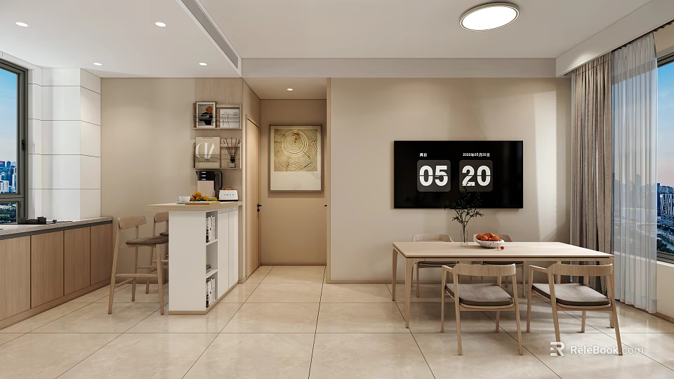 Modern Restaurant Interior With Dining Table Chairs TV Screen And Open Kitchen Layout 3d model 