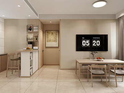 Modern Restaurant Interior With Dining Table Chairs TV Screen And Open Kitchen Layout 3d model