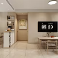 Modern Restaurant Interior With Dining Table Chairs TV Screen And Open Kitchen Layout