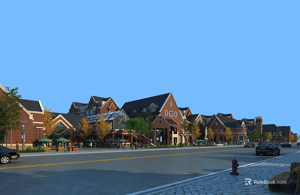 Charming Commercial Street With Red Brick Buildings Green Trees And Retail Shops 3d model 