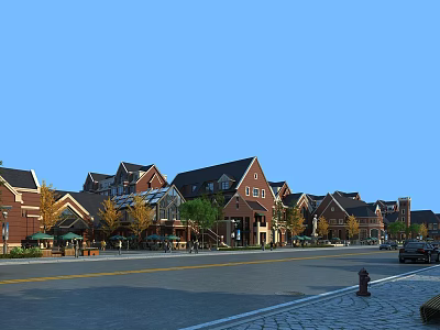 Charming Commercial Street With Red Brick Buildings Green Trees And Retail Shops 3d model