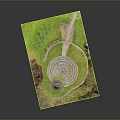 Wood and Stone Garden Model Design with Spiral Path and Decorative Structures in Green Landscape