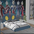 Kids Bed With Blue Cartoon Headboard Yellow Eyes Red Exclamation Mark And Ultraman Wallpaper