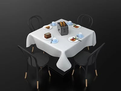 Square Dining Table Set With White Tablecloth Four Black Chairs Golden Legs Toaster Bread Cake 3d model