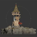 Cartoon Scene Featuring Wooden Tower With Pointed Roof On Rocky Base And Grass Path
