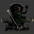 Green Clad Figure Seated On Tech Inspired Rotating Chair With Staff And Screens