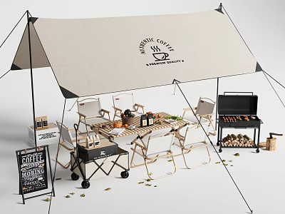 Outdoor Camping Table and Chairs Set with Tent Coffee Break Setup and Grill 3d model