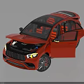 Red Sporty SUV Featuring Open Doors Red Interior Front Grille And Headlights