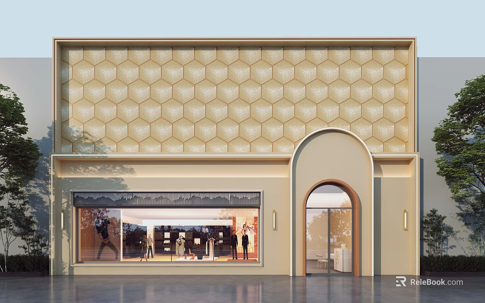 Elegant Storefront with Beige Hexagonal Texture Arched Entrance and Display Window 3d model