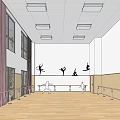 Bright Dance Fitness Studio With Wall Silhouettes Barres Wooden Floor And People Practicing