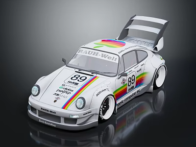 White Race Car With Number 89 Rainbow Stripes Rear Spoiler And Sponsor Logos 3d model