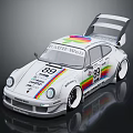 White Race Car With Number 89 Rainbow Stripes Rear Spoiler And Sponsor Logos