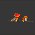 3D Rendered Mushroom Scene With Red Spotted Orange Small Red Mushrooms On Green Brown Ground