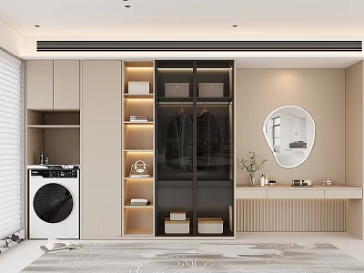 Modern Wardrobe Interior Design With Glass Doors Storage Shelves Hanging Space And LED Lighting 3d model