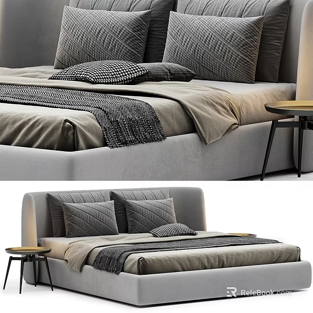 Modern Double Bed With Gray Textured Pillows Soft Bedspread And Side Table 3d model 