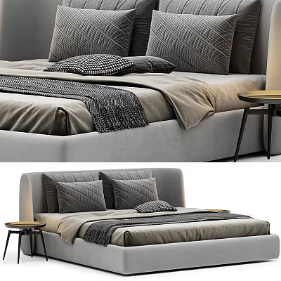 Modern Double Bed With Gray Textured Pillows Soft Bedspread And Side Table 3d model
