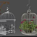Decorative Ornament Set With White Birdcages Floral Pattern Wall Bracket Green Plants And Red Flowers