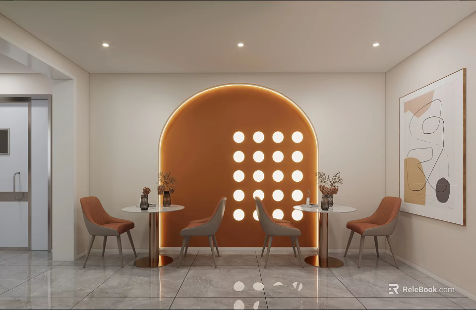 Chic Beauty Hair Salon Interior With Arched Backlit Wall Circular Holes And Abstract Art 3d model 