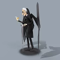 Man with White Hair Black Wings Wearing Long Black Coat Holding Staff in Grey Background