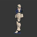 Detailed Blue And White Robot Model With Green Head Standing Pose