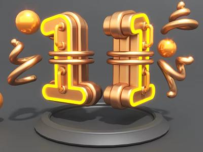 Creative Golden Number 11 Art Installation With Neon Lights And Spiral Decorations 3d model