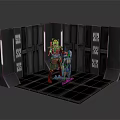 Cartoon Scene With Two Characters Gray Walls Grid Windows Lights And Dark Floor