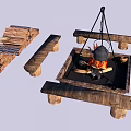 Garden Outdoor Bonfire Setup With Wooden Benches Stacked Firewood And Hanging Kettle