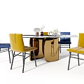 Modern Stylish Dining Table Set With Yellow Blue Chairs Golden Legs And Decorative Vases