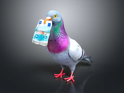 Gray White Pigeon With Purple Green Neck Holding Euro Banknote In Beak 3d model