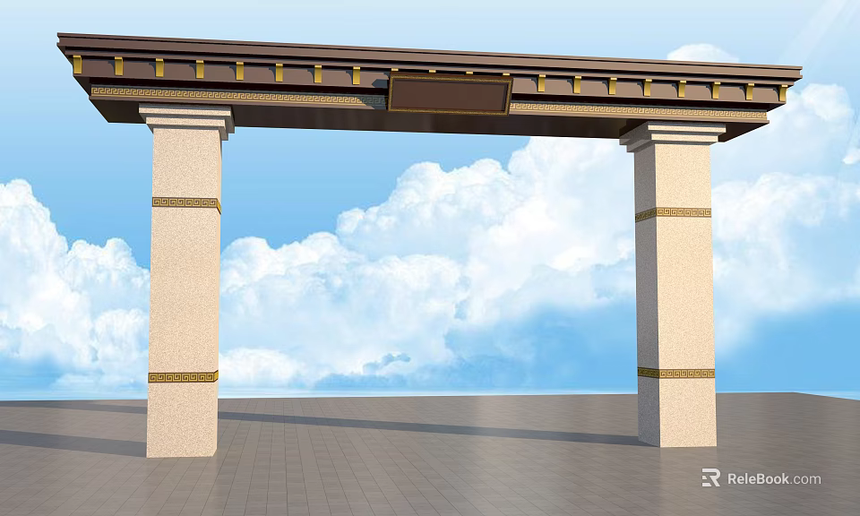 Elegant Entrance Gate With Brown Roof Golden Decorations And Beige Pillars 3d model 