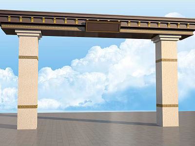 Elegant Entrance Gate With Brown Roof Golden Decorations And Beige Pillars 3d model