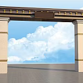 Elegant Entrance Gate With Brown Roof Golden Decorations And Beige Pillars