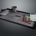 Wooden Tray Holding Art Supplies with Watercolor Paints Cup Papers Pencil and Palette
