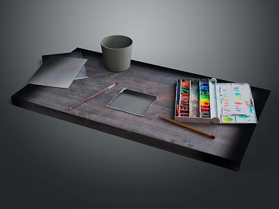 Wooden Tray Holding Art Supplies with Watercolor Paints Cup Papers Pencil and Palette 3d model