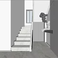 Modern Gray Staircase Interior With Glass Railing Illuminated Steps And Blue Spherical Decorative Lights