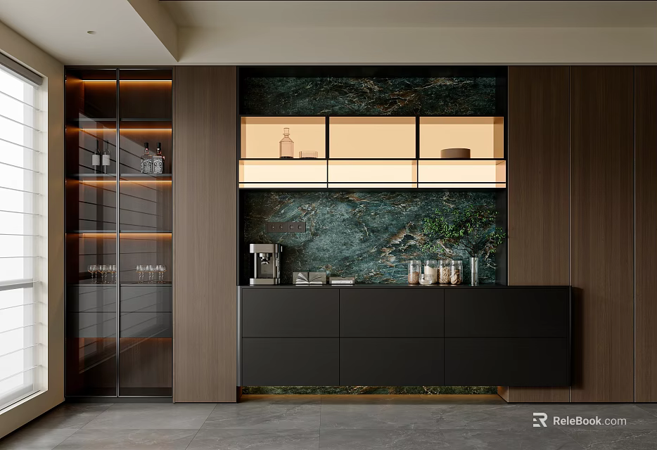 Modern Sideboard With Marble Backdrop Glass Door Cabinets And Illuminated Open Shelves 3d model 