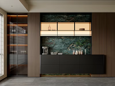 Modern Sideboard With Marble Backdrop Glass Door Cabinets And Illuminated Open Shelves 3d model
