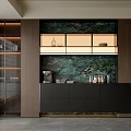 Modern Sideboard With Marble Backdrop Glass Door Cabinets And Illuminated Open Shelves