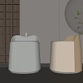 Minimalist Modern Stools Light Gray Beige Upholstered With Wooden Grid Wall And Green Plant