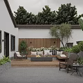 Rooftop Garden Terrace With Wooden Wall Cozy Sofa Area Green Plants And Fire Pit